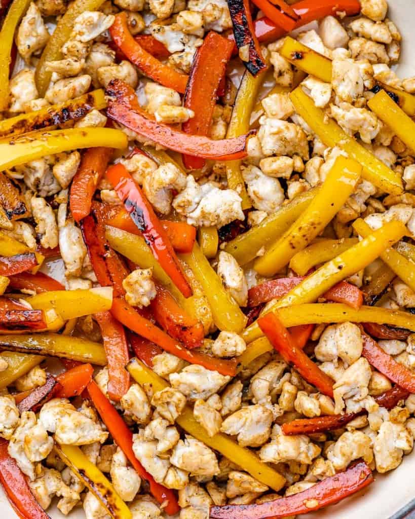 Cooked chicken and bell peppers.