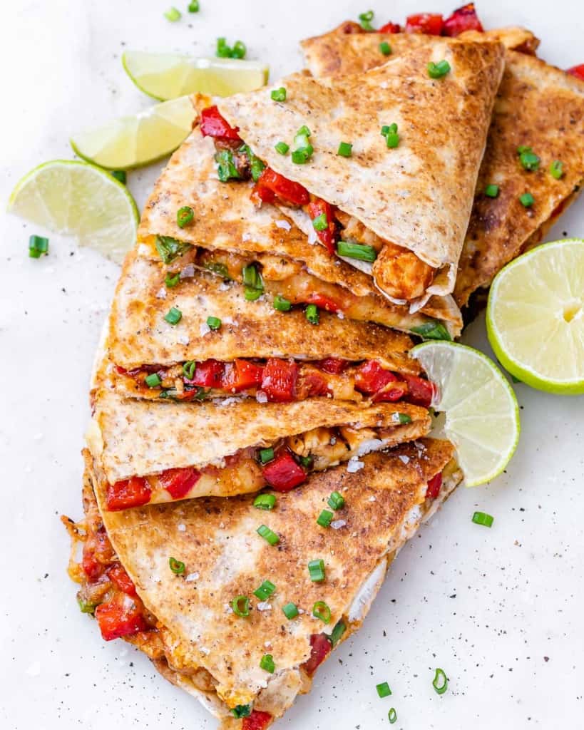 top view cut up chicken quesadilla