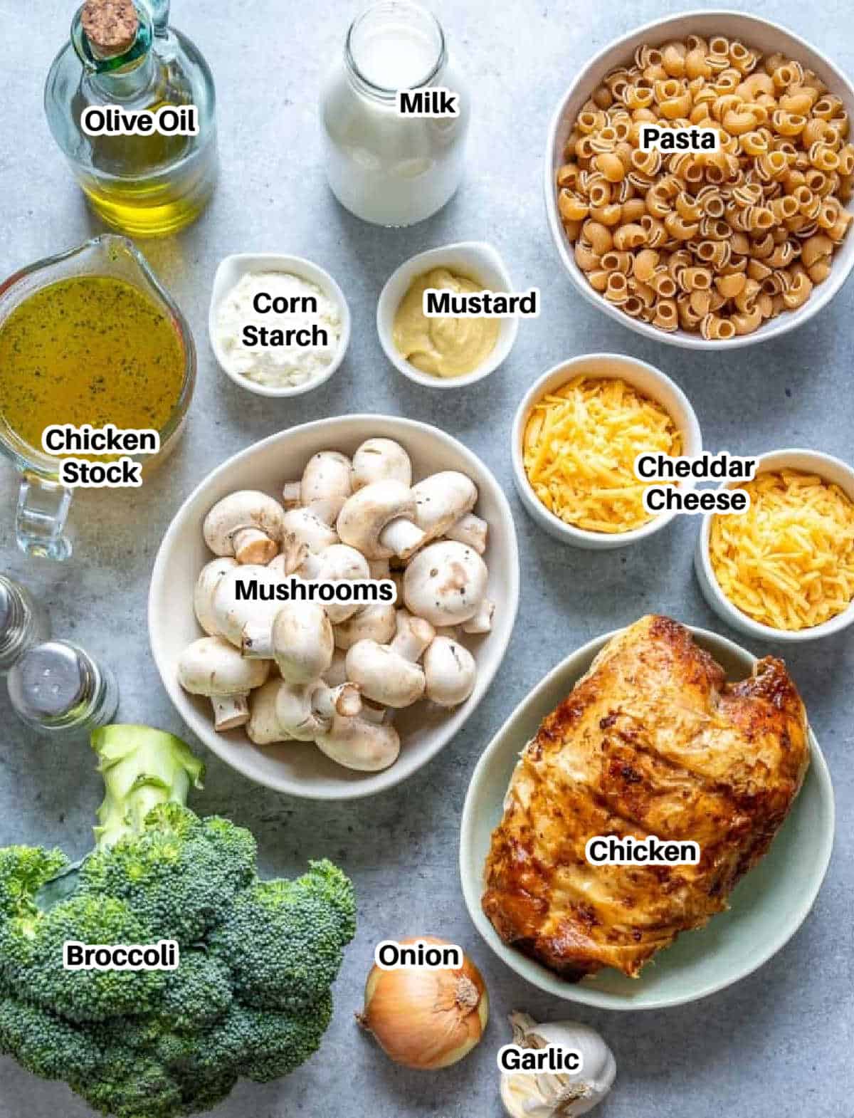 ingredients to make chicken pasta and broccoli casserole.