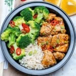 meal prep bowl with teriyaki chicken rice and broccoli.