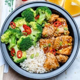 meal prep bowl with teriyaki chicken rice and broccoli.