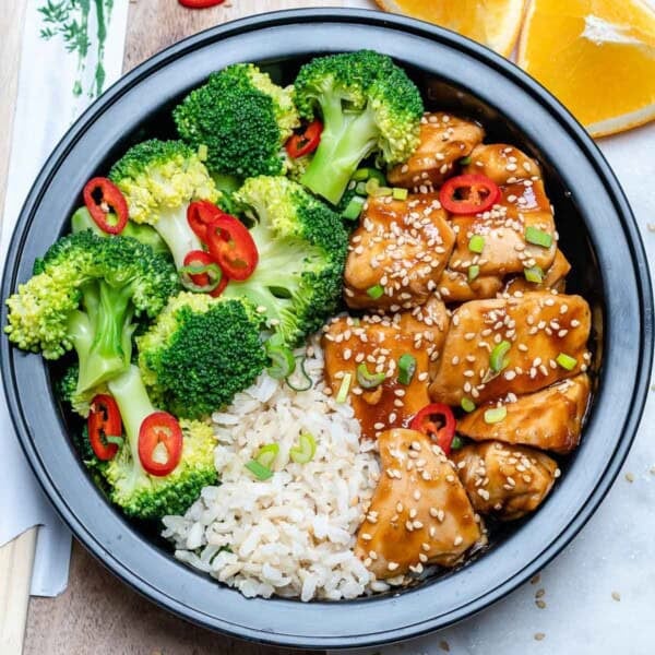 meal prep bowl with teriyaki chicken rice and broccoli.