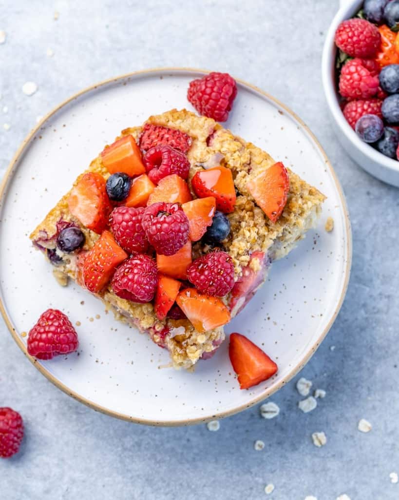 top view of a slice if baked oatmeal on a white plate 