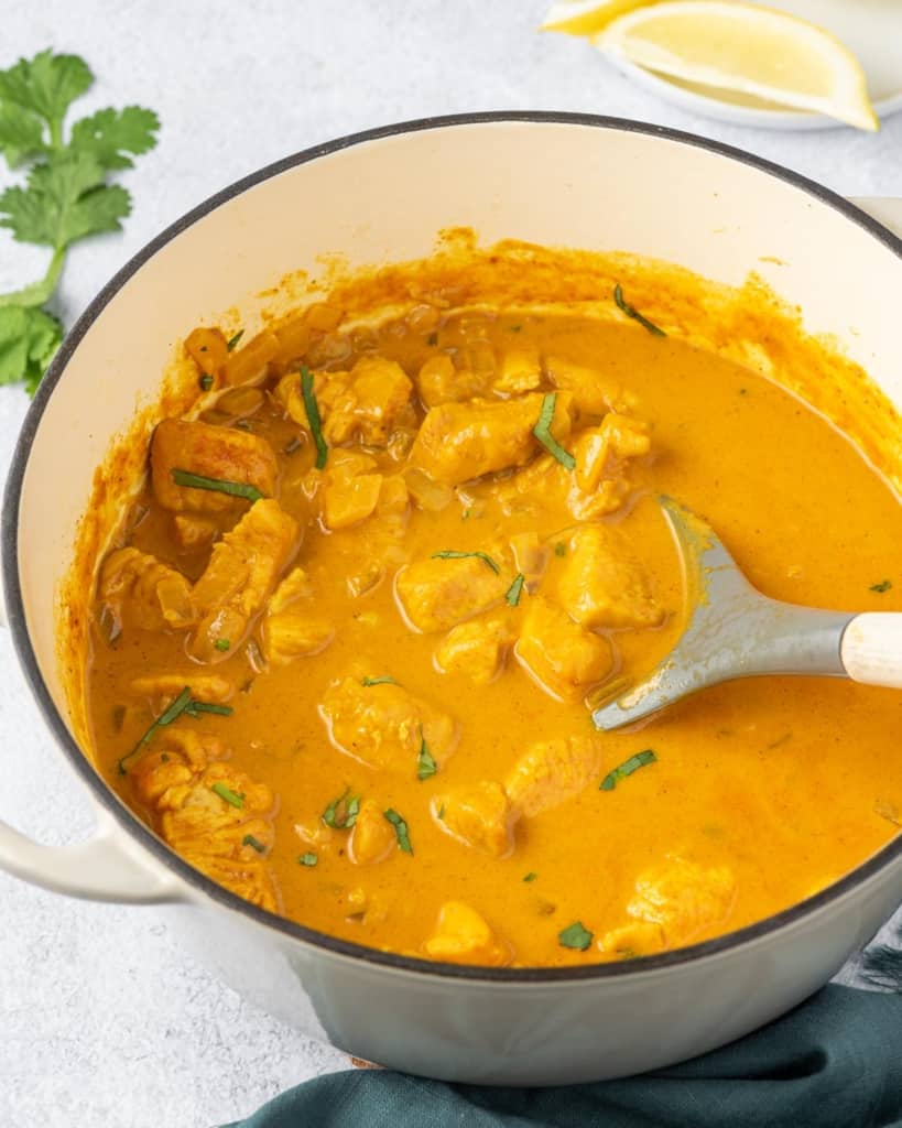spoon in a pot of chicken curry