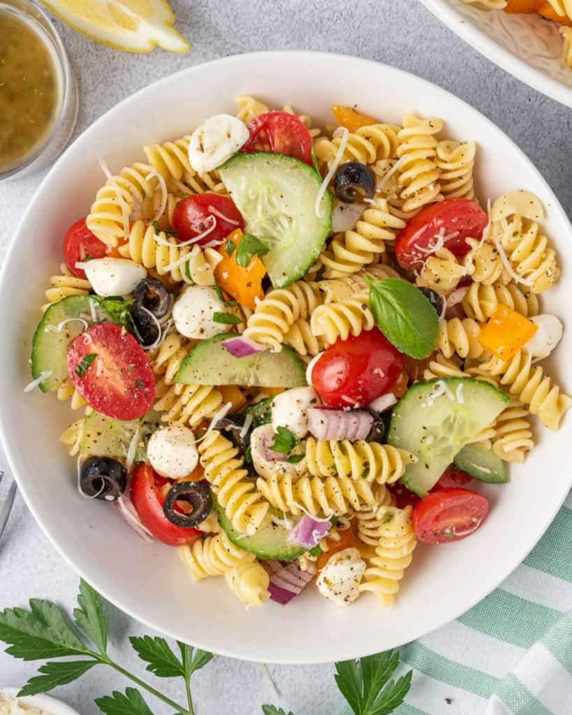 top view italian pasta salad in a plate 