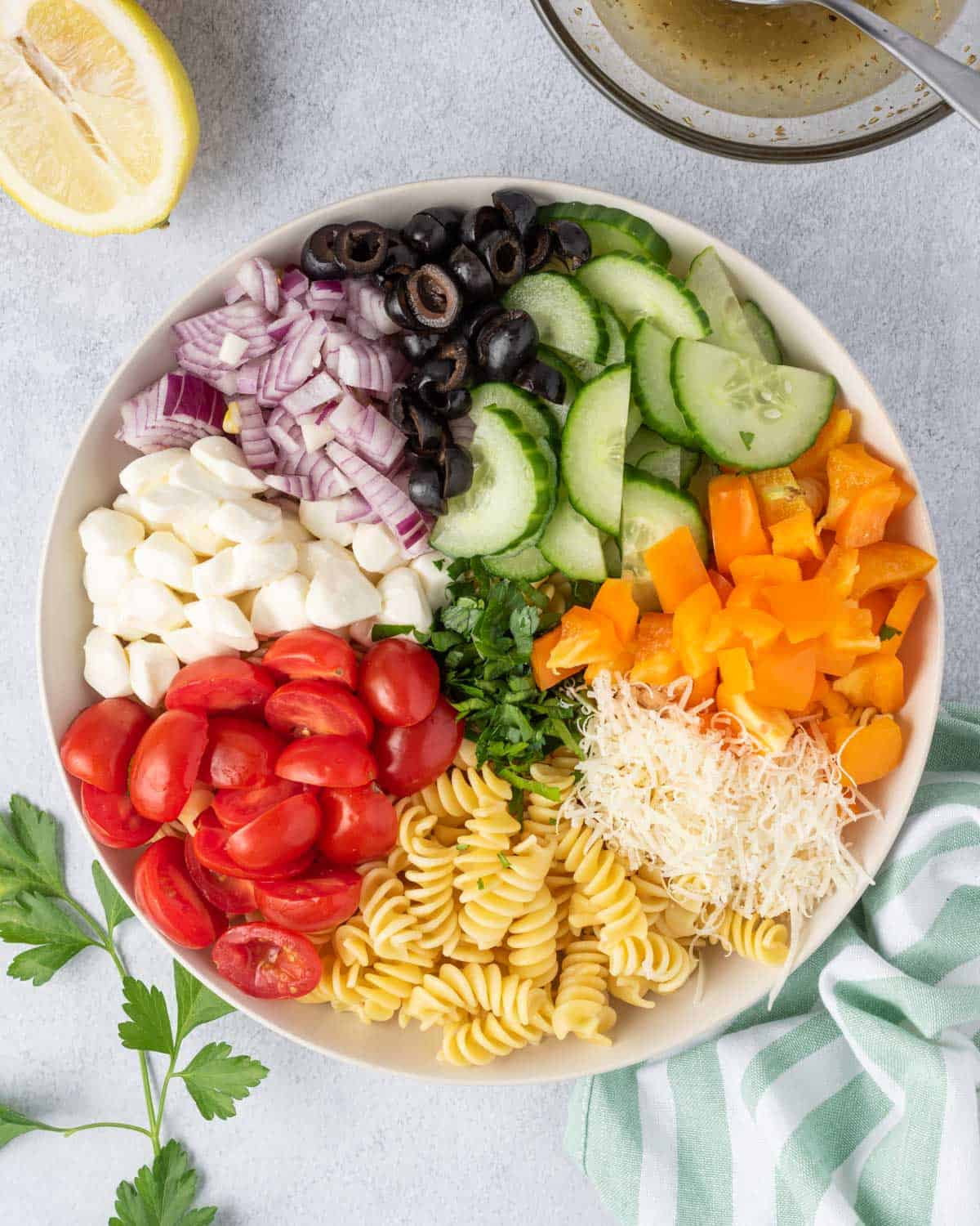 veggies in a bowl for the pasta salad 
