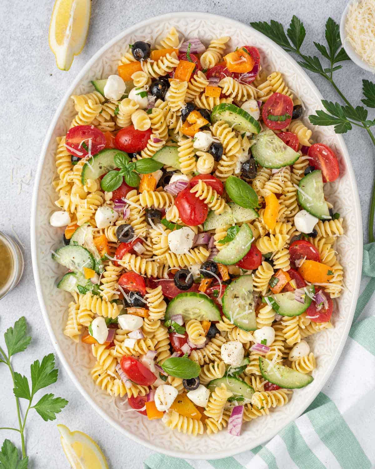top view pasta salad in a white dish