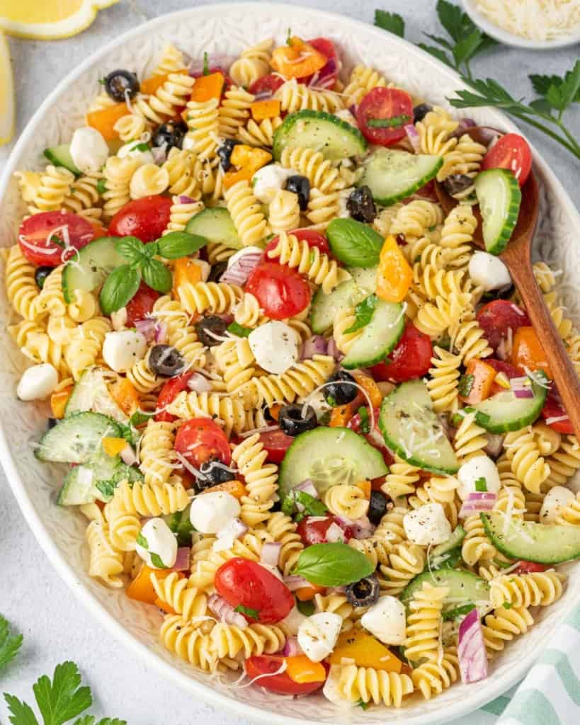 close up top view of Italian Pasta Salad on a white dish