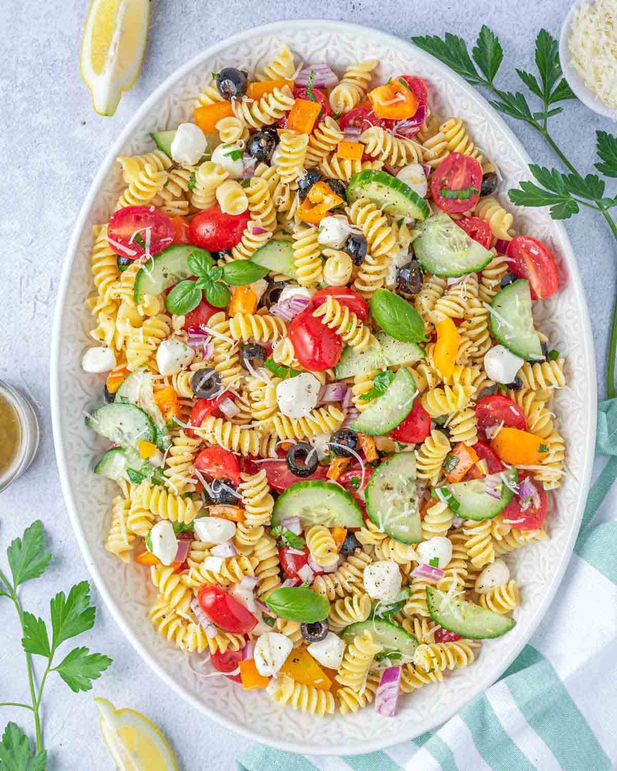 pasta salad placed in a bowl.