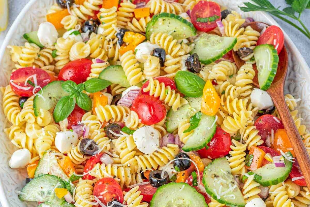 pasta salad in a bowl.