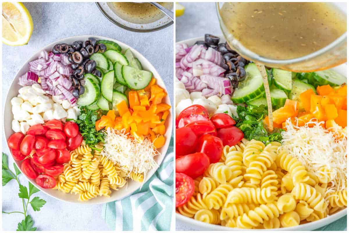 process shot for adding the pasta salad ingredients to a bowl and then pouring the dressing over the salad.