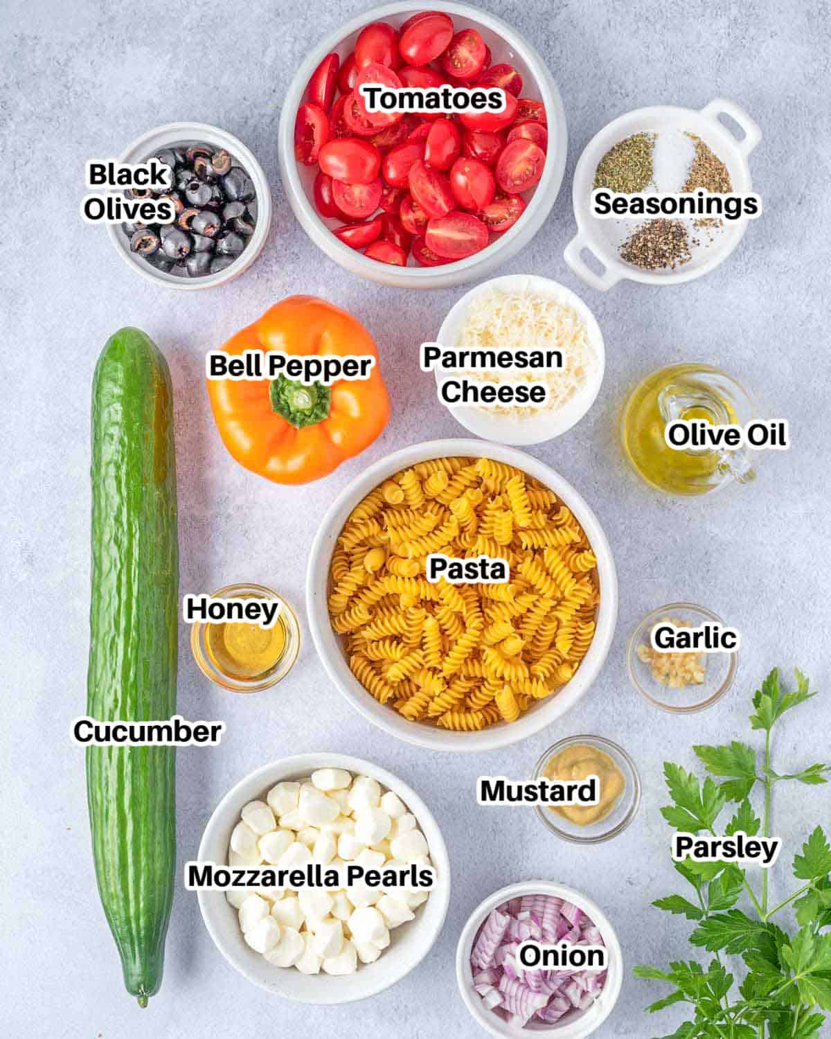 ingredients for pasta salad.