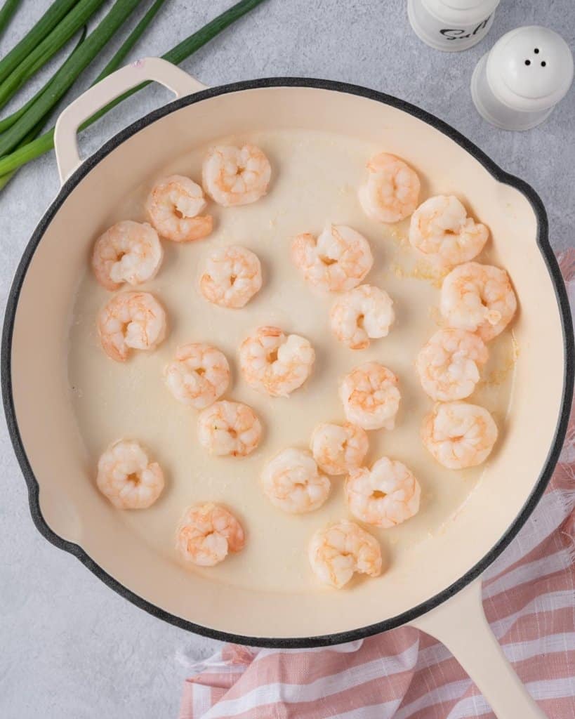 Shrimp in a white pan.