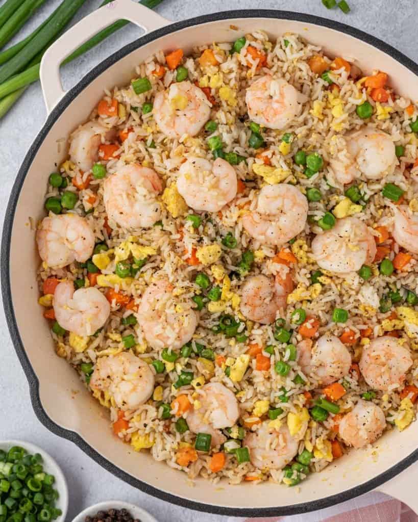 tope view of shrimp fried rice in a skillet