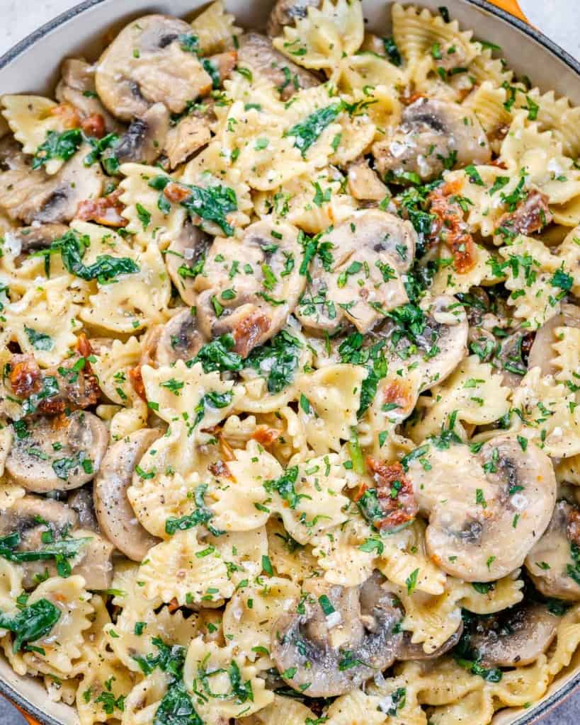 close up mushroom and spinach pasta recipe