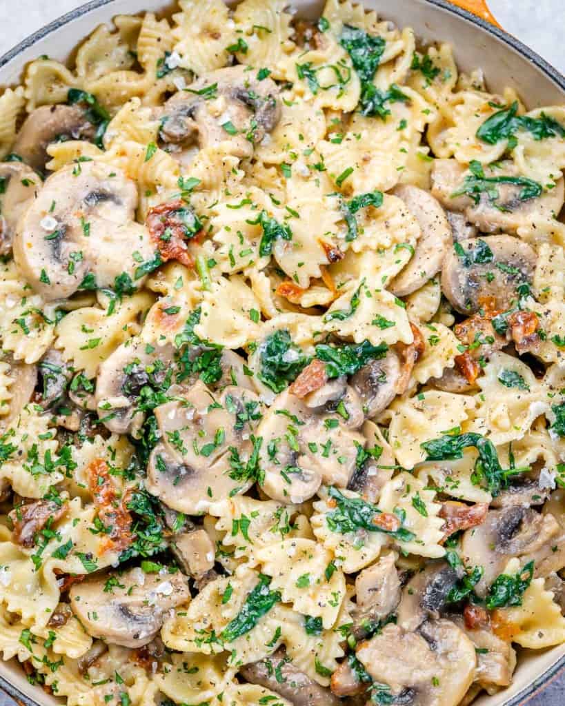close up mushroom pasta in a pan