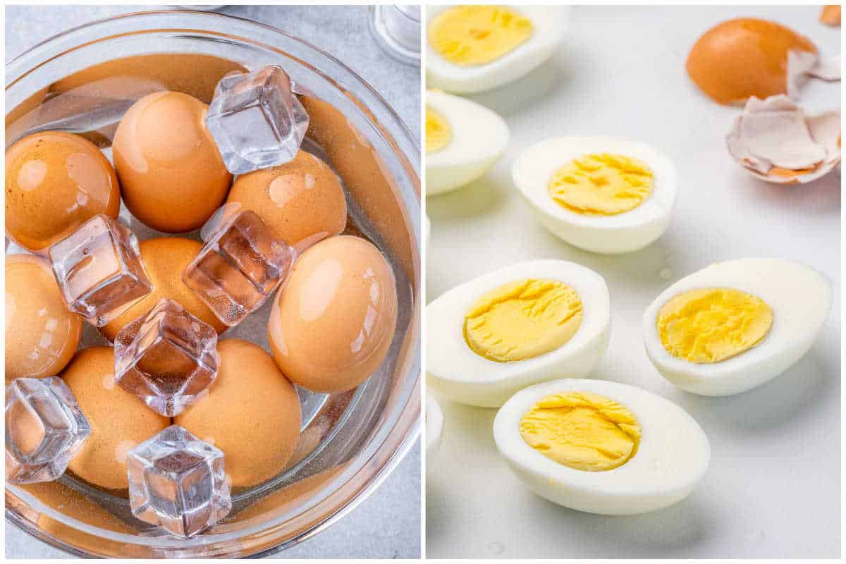 process shot to add boiled eggs in an ice bath and then peeling and slicing in half.