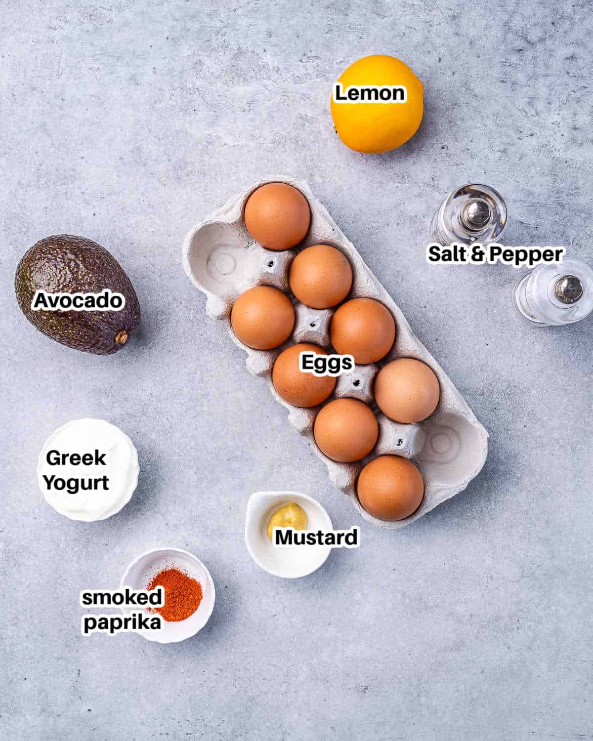 ingredients to make avocado deviled eggs.
