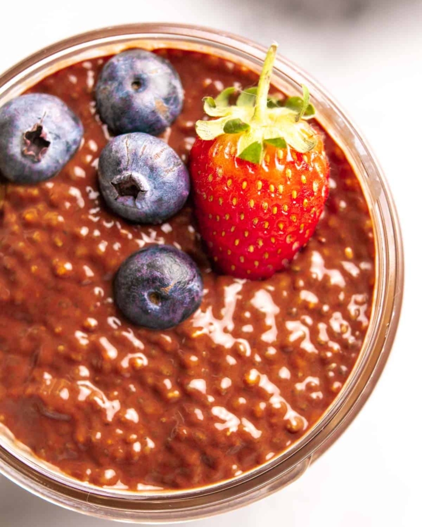 close up top view of chocolate chia pudding