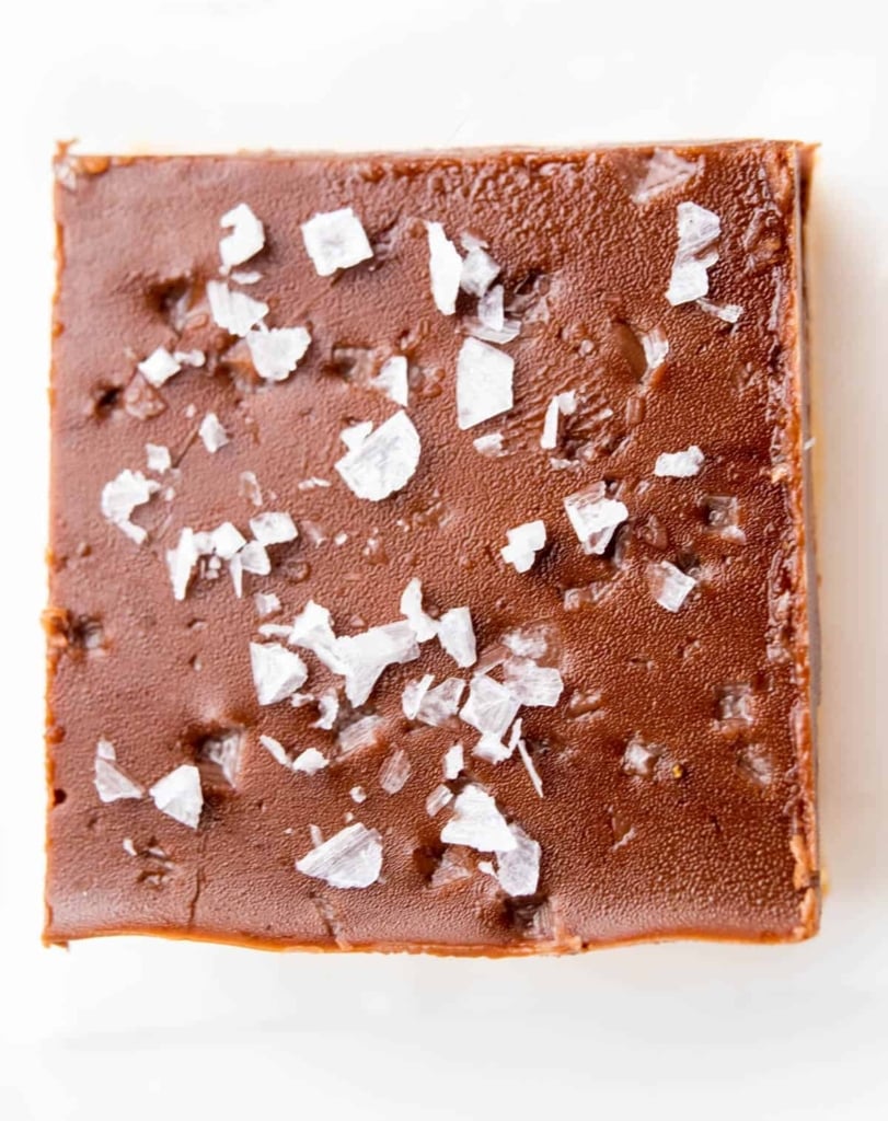 top view square bar of no bake peanut butter bar topped with salt flakes