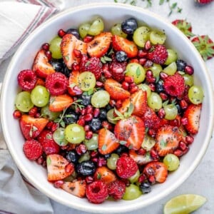 top view fruit salad in a white bowl