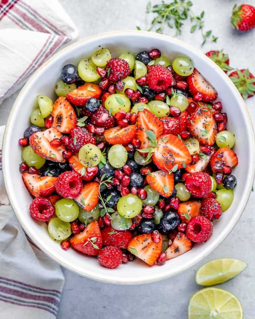 top view fruit salad in a white bowl