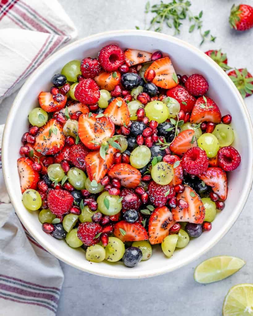 top view fruit salad in a white bowl