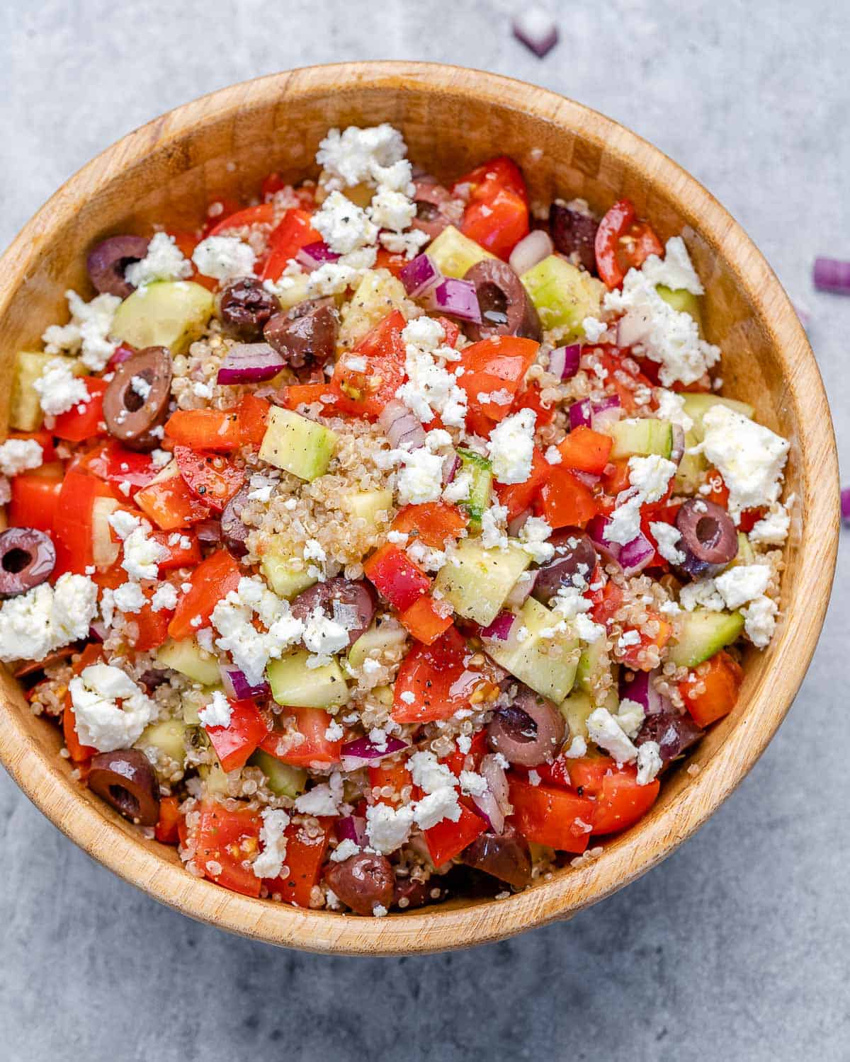 lightly tossed Greek quinoa salad bowl recipe with feta cheese 