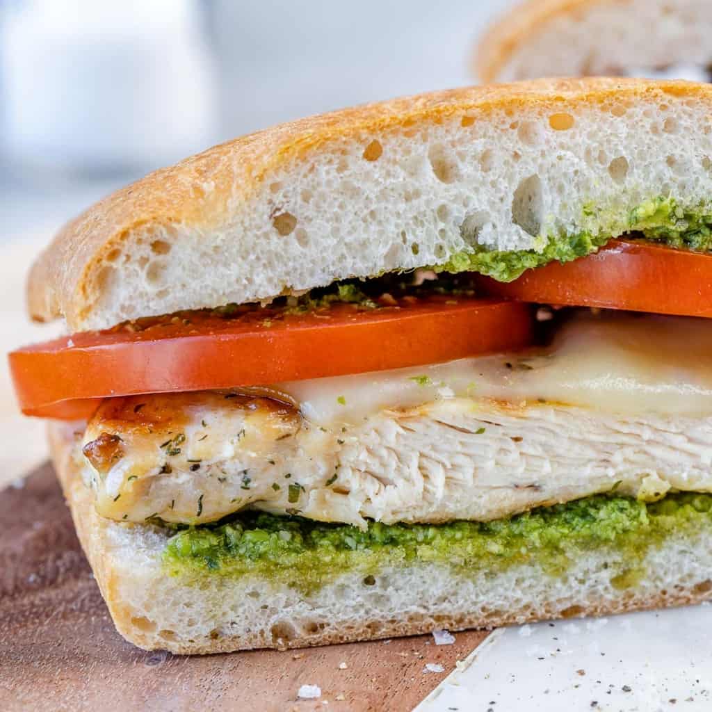 side shot of one grilled chicken breast sandwich 