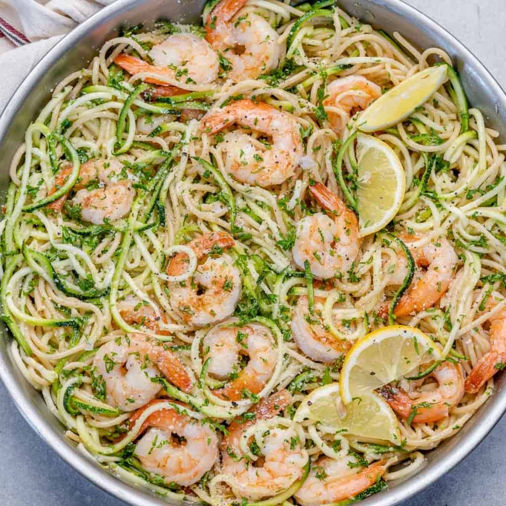 top view shrimp pasta with zoodles in a pan