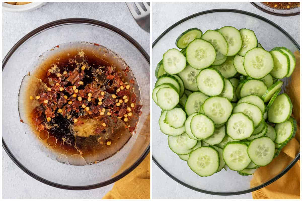 process shots showing making the dressing for the salad in a bowl and on the right a bowl with sliced cucumbers.