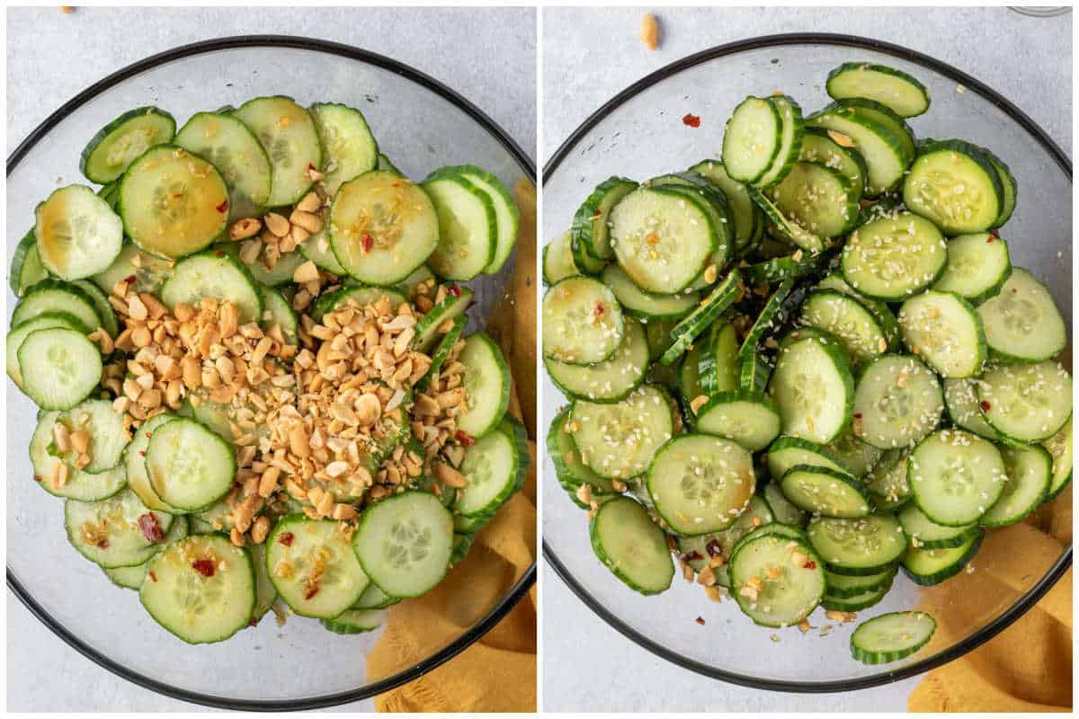 process shot showing adding the dressing over cucumbers in a bowl and mixing. 