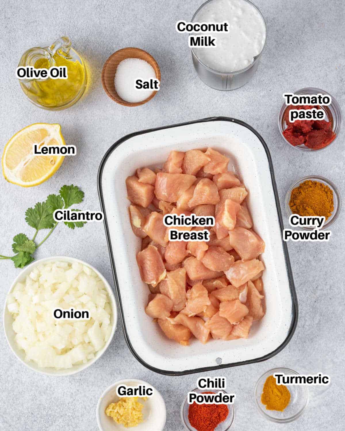 Ingredients to make chicken curry.