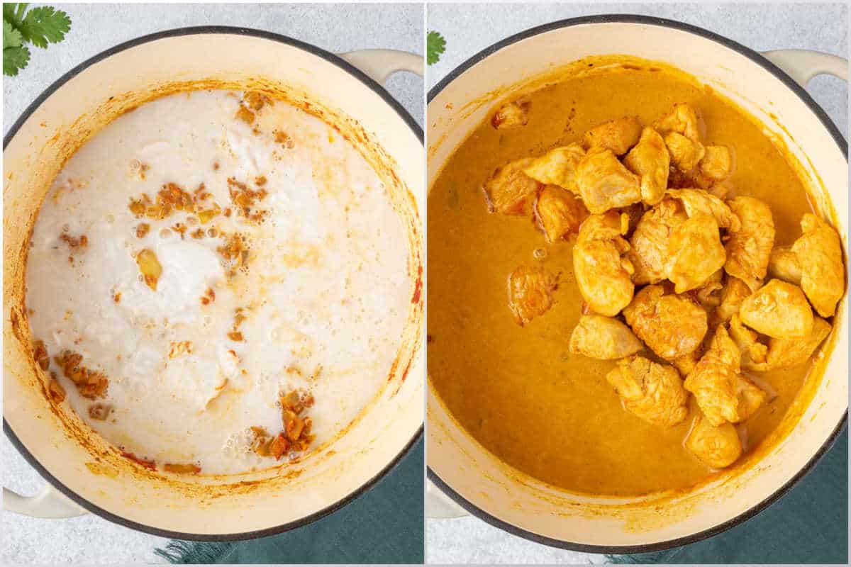 process shot to make the curry sauce and adding the chicken to the pot.