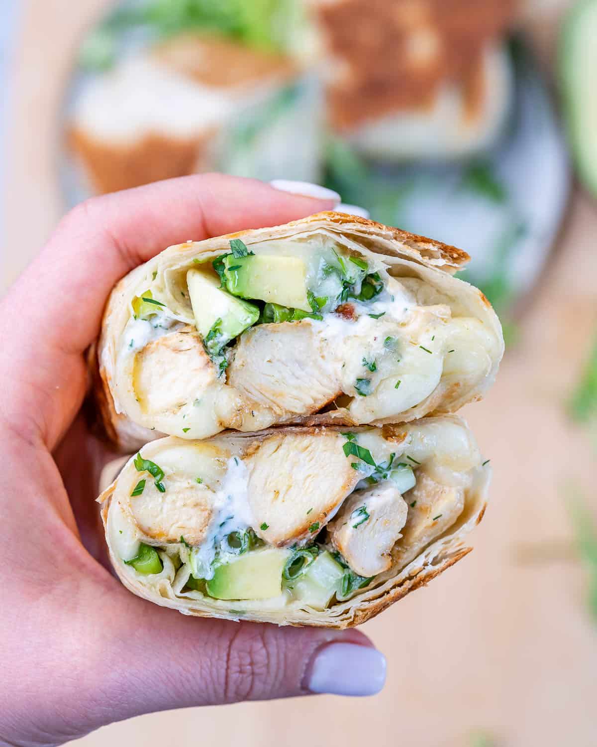 inside view of chicken avocado Ranch burrito with parsley