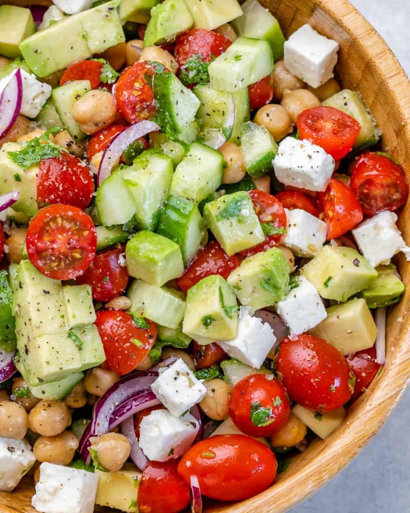 close up chickpea salad in a bowl