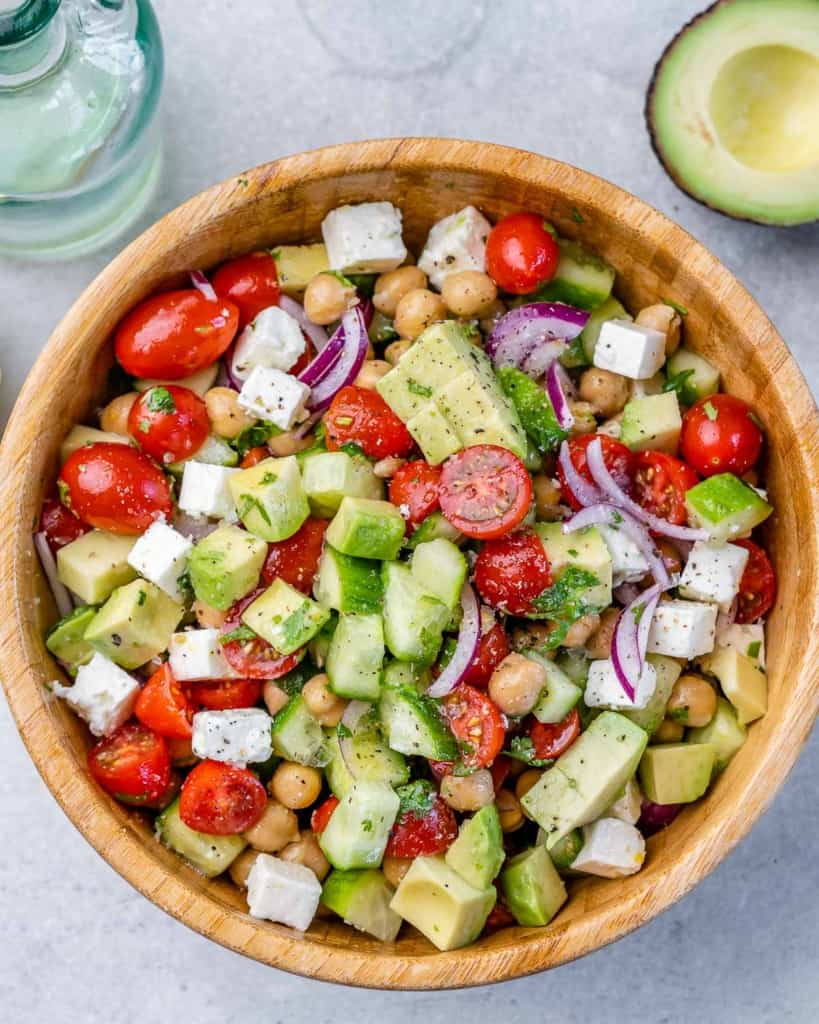 top view of chickpea and feta salad in a bowl