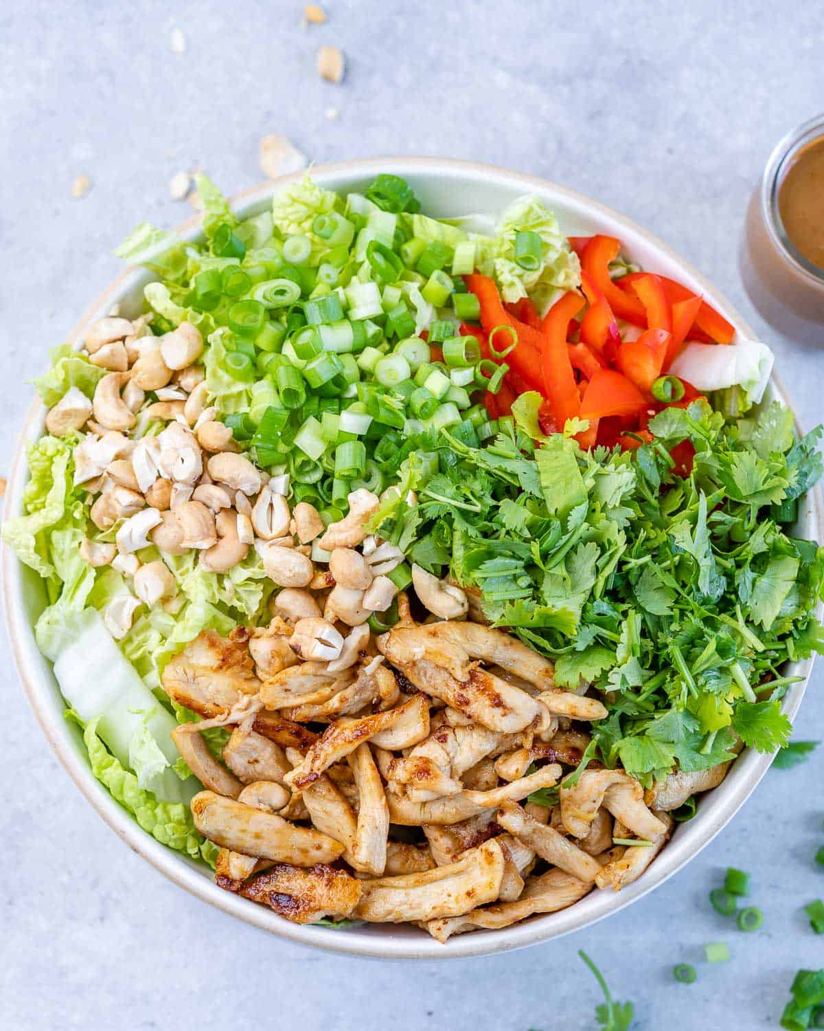 sliced chicken in bowl with cilantro, green onions, cashews, bell pepper, cabbage