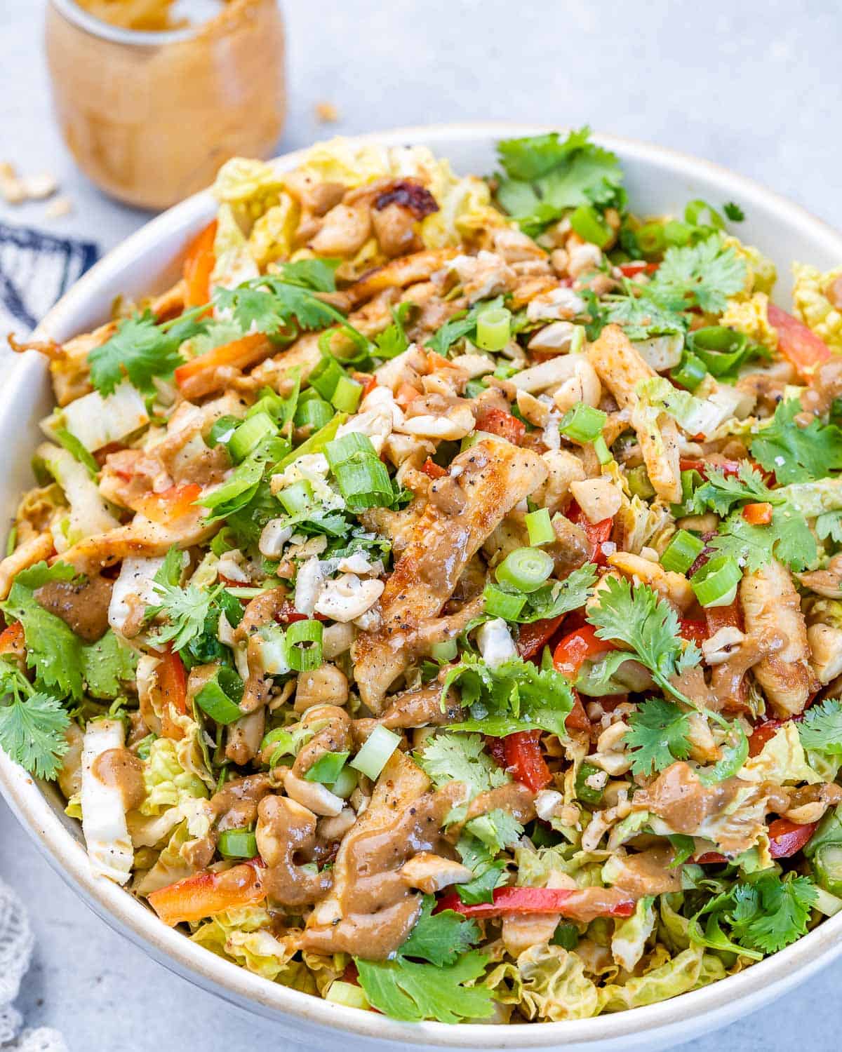 one bowl of Chinese chicken salad made with sesame dressing