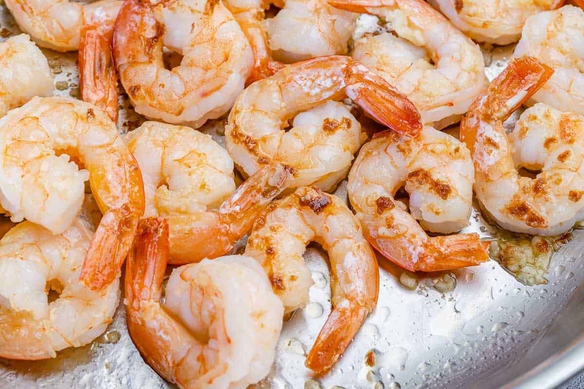 cooked shrimp in a skillet.