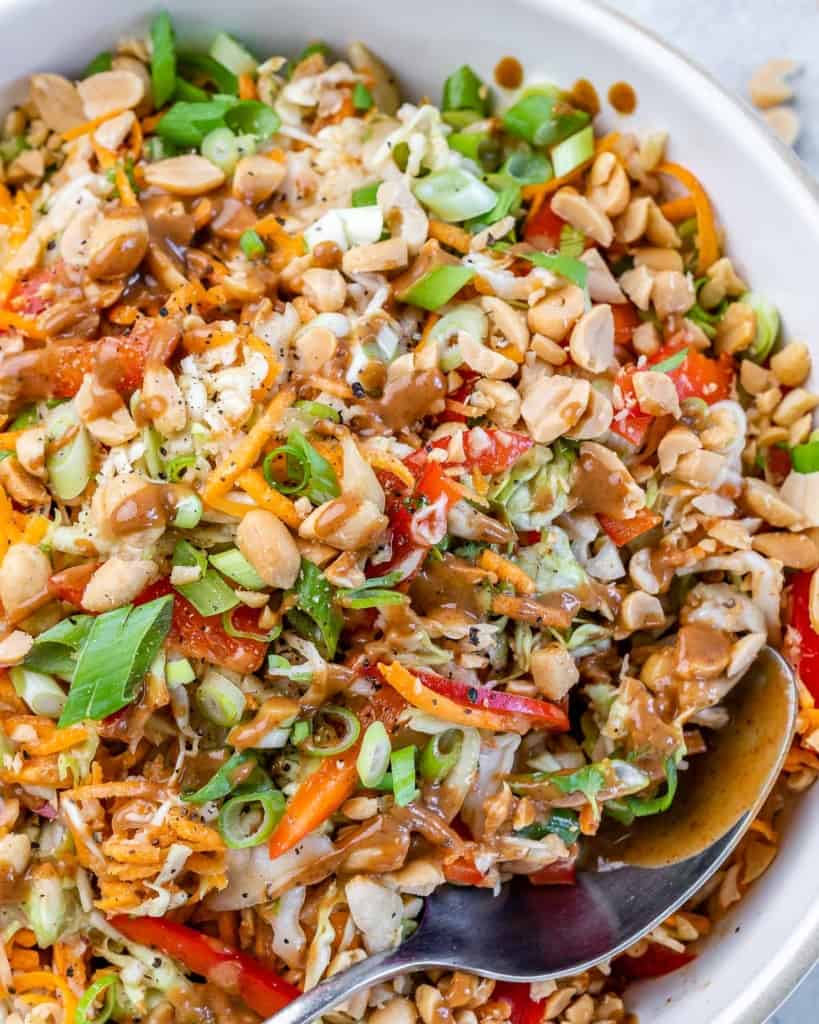 close up thai salad in a white bowl