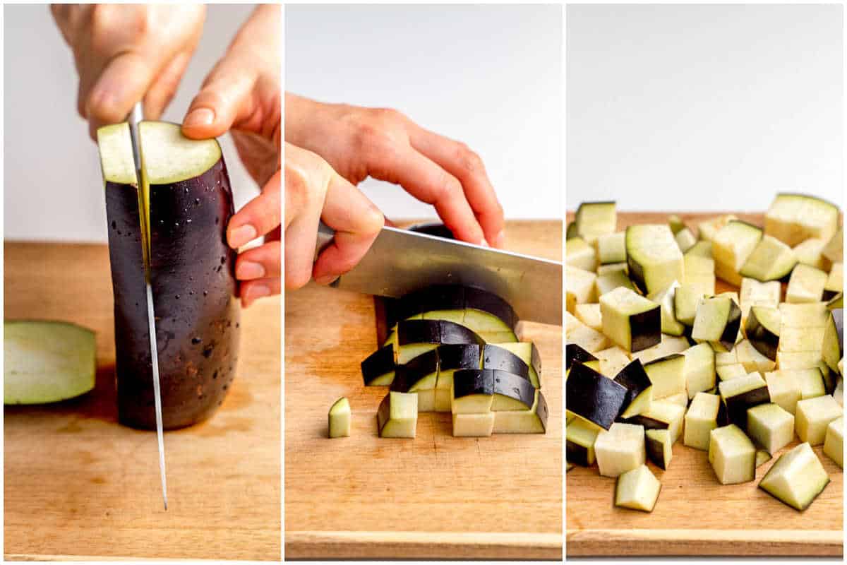 eggplant being cut into cubes.