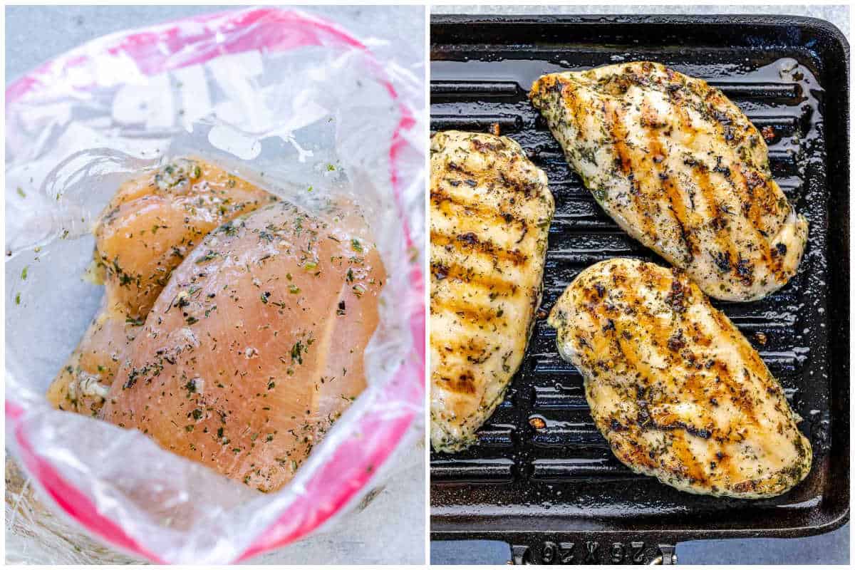 seasoning chicken breast and cooking on a grill pan.