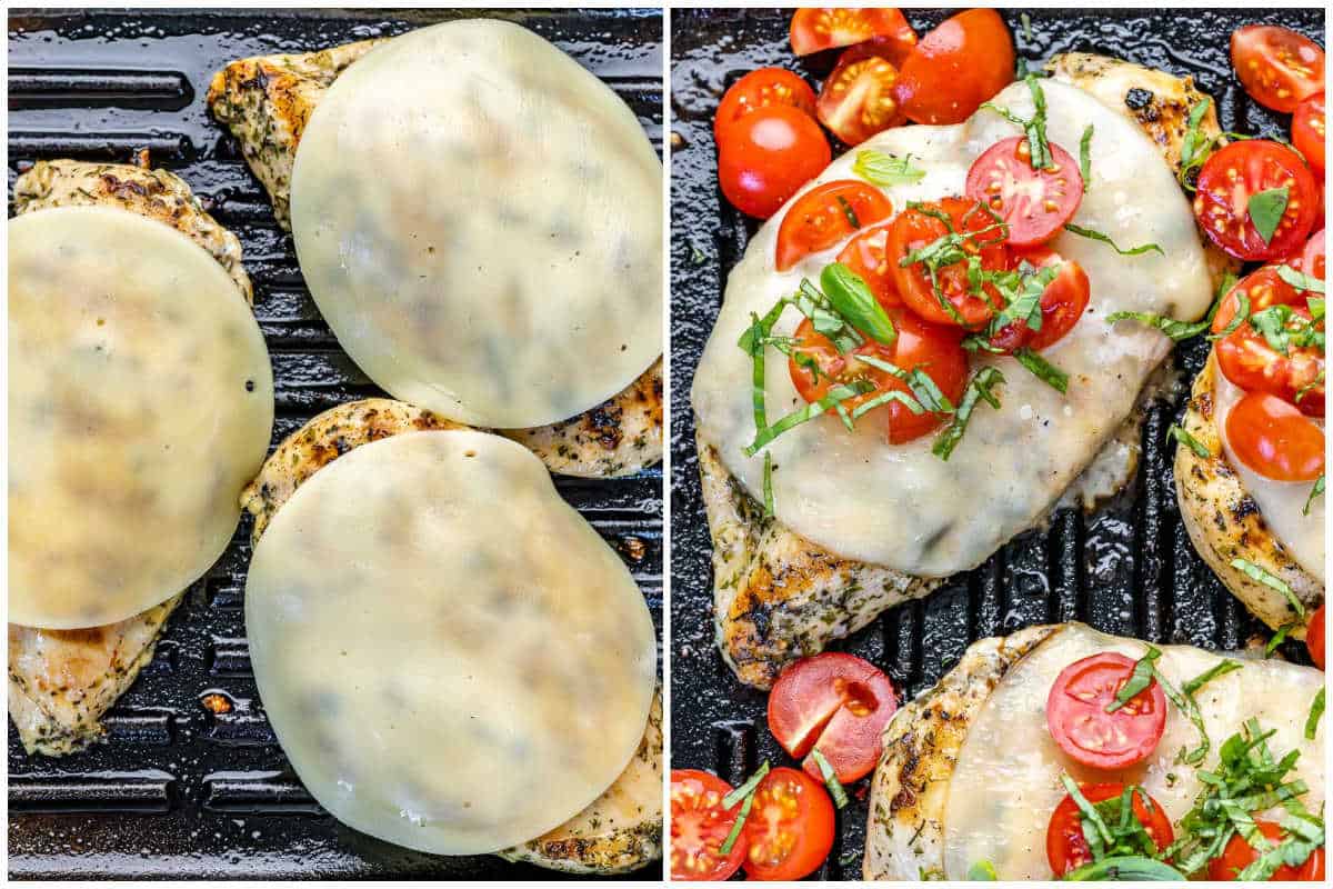 adding cheese over the grilled chicken and topping with fresh tomatoes basil and balsamic vinegar.