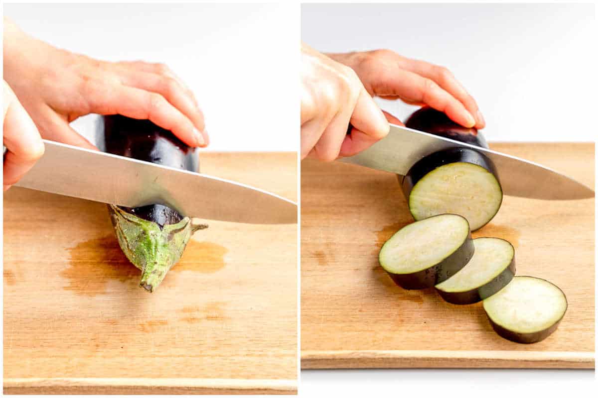 process shot to place an eggplant to a cutting board and slicing it.