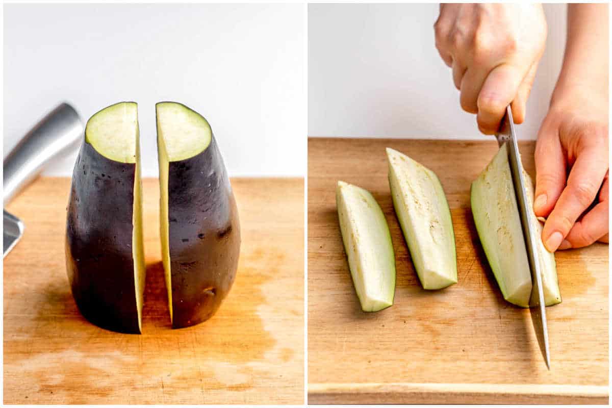 process shot showing cutting the eggplant into wedges.