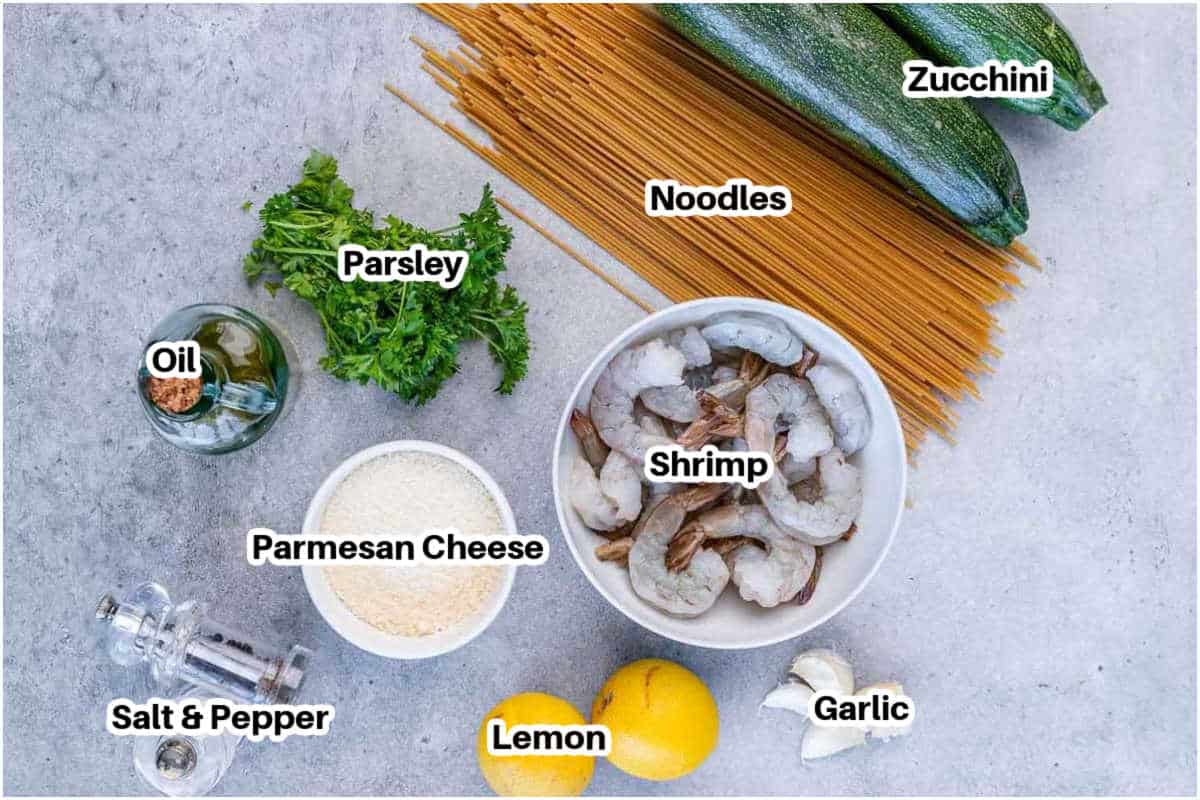 ingredients to make lemon shrimp with zucchini noodles.
