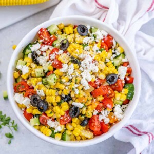 top view of corn salad in a white bowl