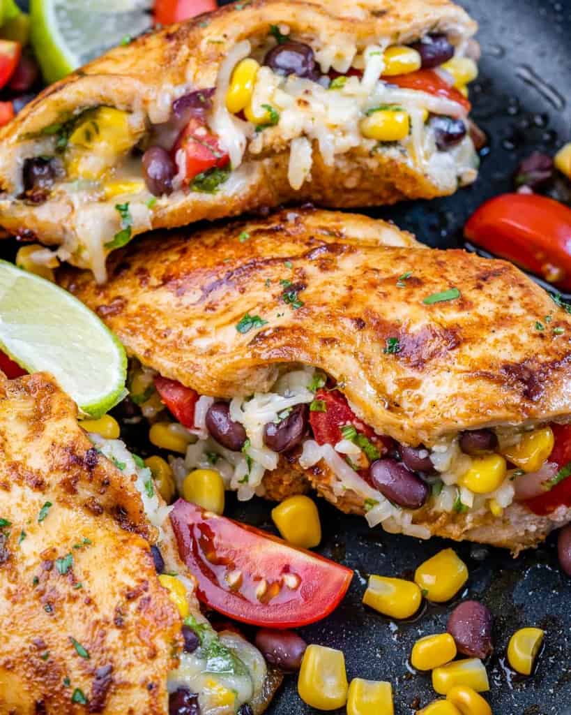 Chicken breast stuffed with cheese, black beans and corn.