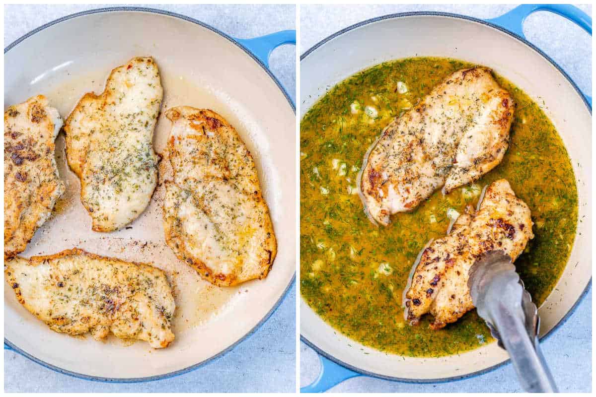 process shot for cooking seasoned chicken and adding it to a pan with lemon herb sauce.